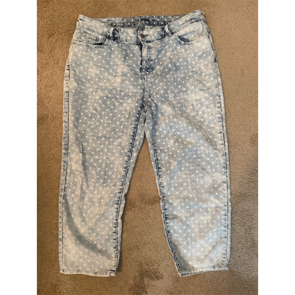 Chico's Platinum Jeans Womens Size 2 Blue Polka Dot Slim Cropped 23 Inseam
